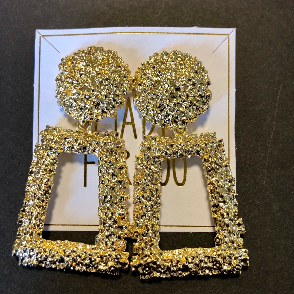 Gold Rectangle Textured Drop Earrings
